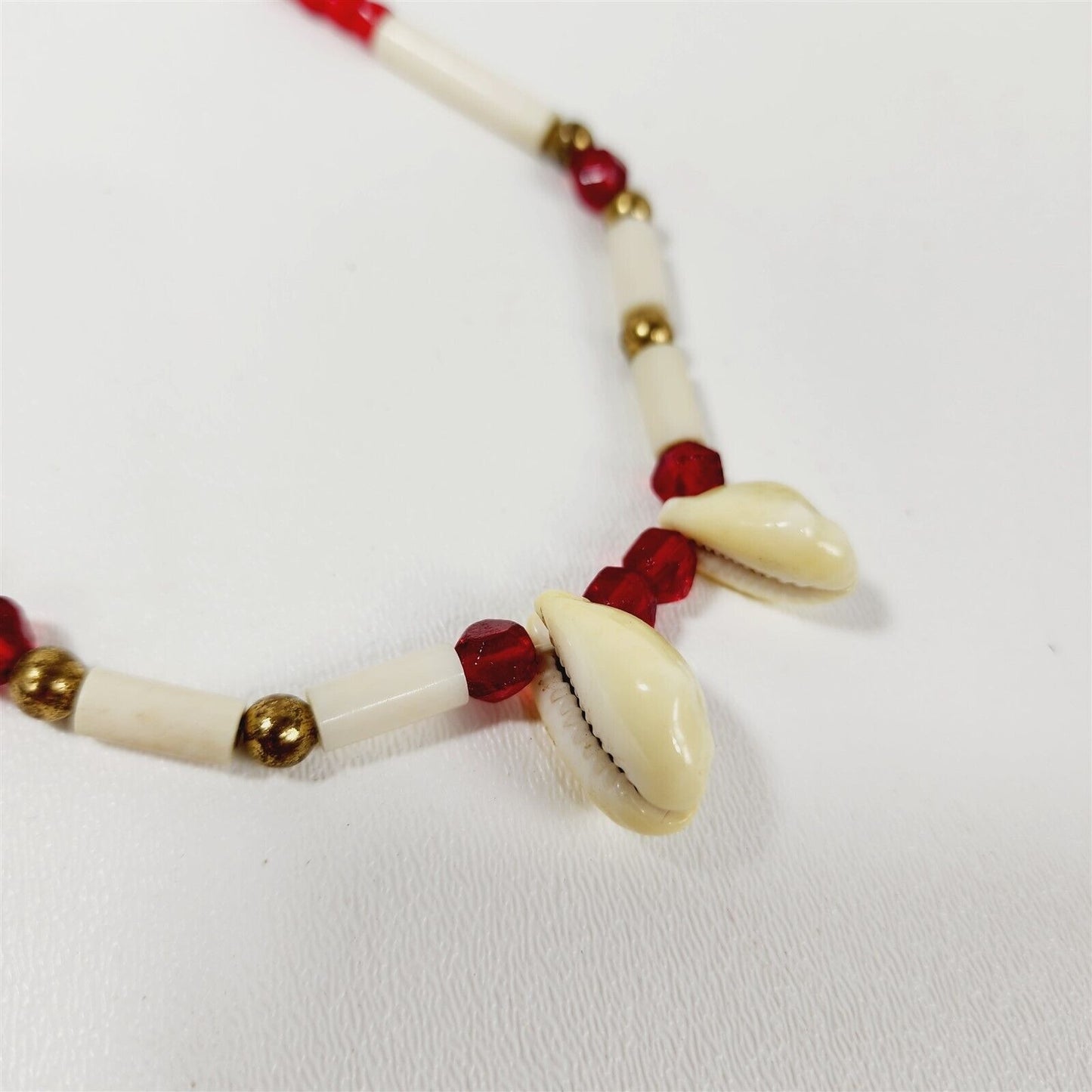 Vintage Leather Tie Bone Seashell Red Glass Beaded Necklace Native American