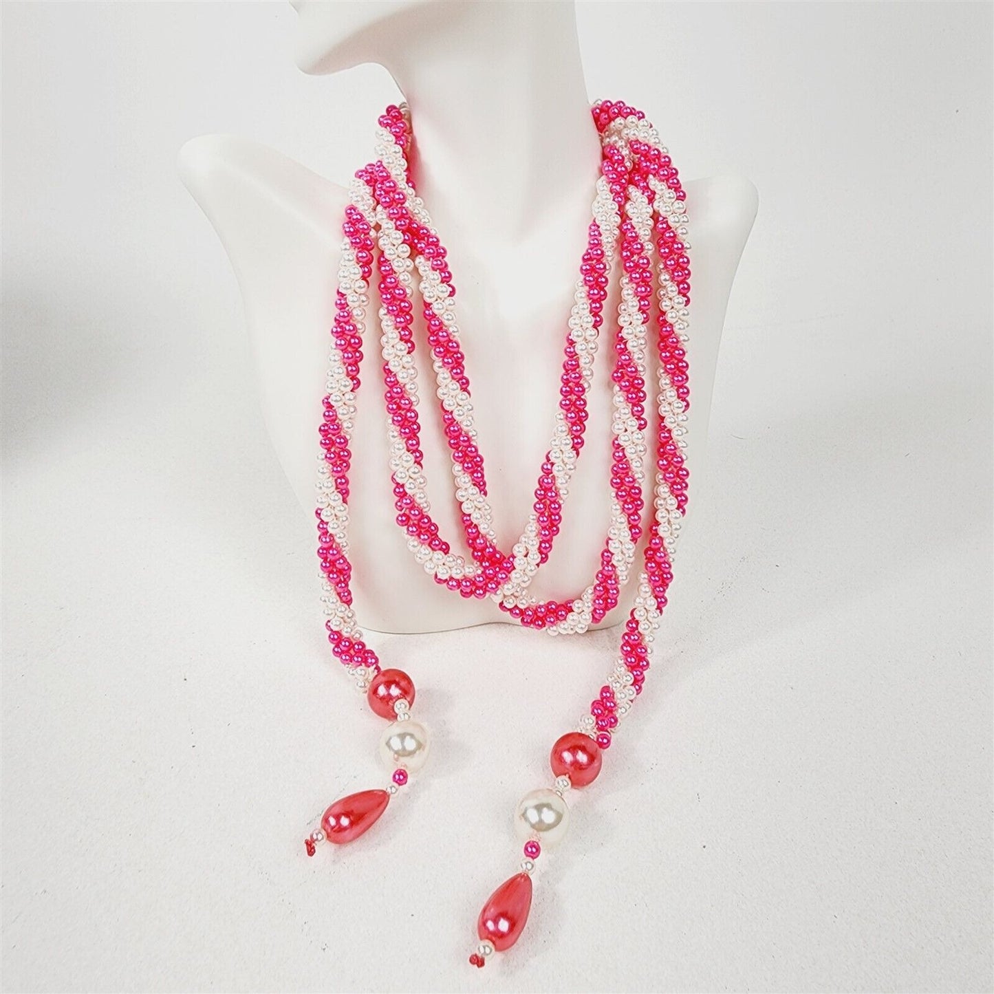 Vintage Pink & White Faux Pearl Beaded Twist Long Lariat Necklace 57"