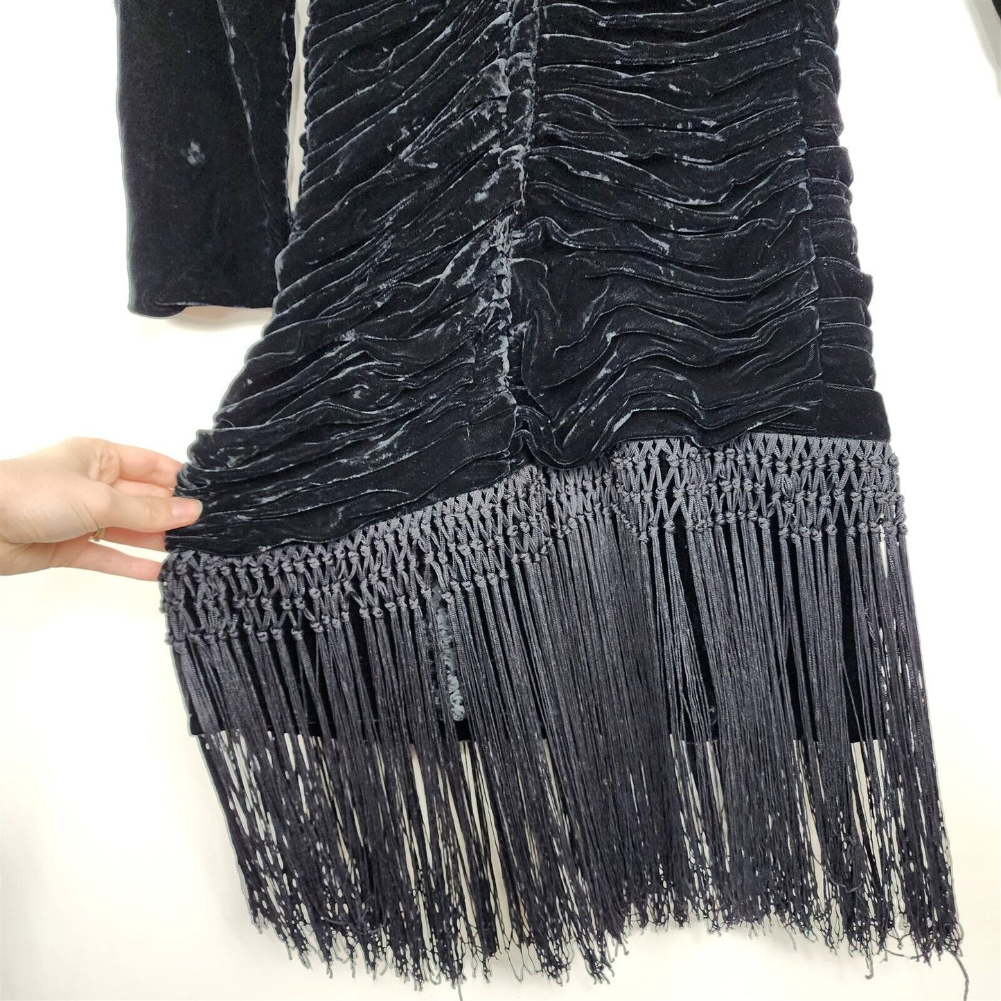 Vintage Black Velvet Rouched Bodycon Long Sleeve Dress with Fringe