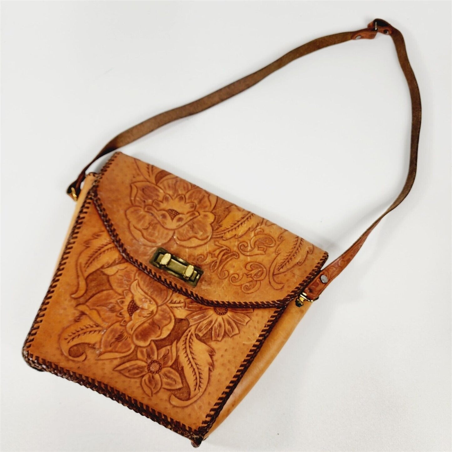 Vintage Hand Tooled Leather Purse Western Floral Laced Shoulder Bag GMB Initials