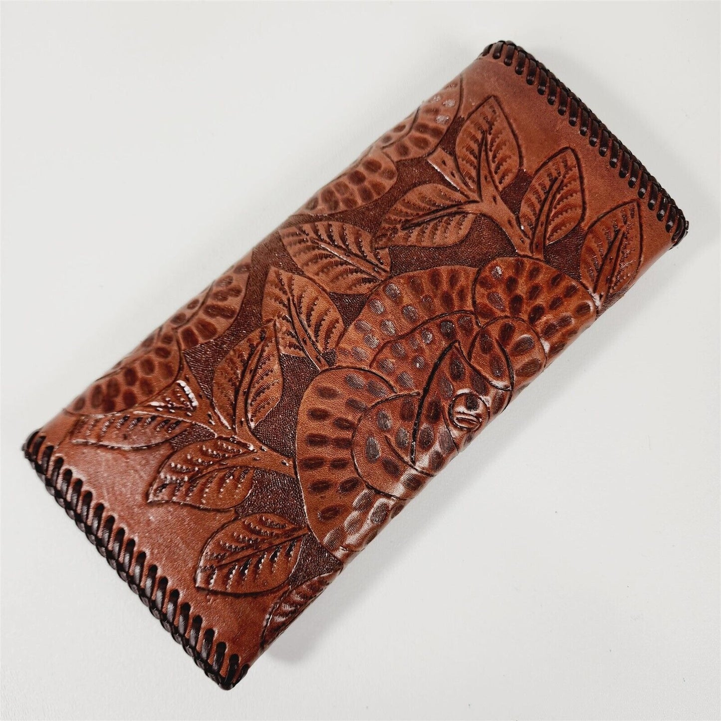 Vintage Tooled Leather Floral Laced Edge Tri-Fold Wallet - Initials M. B.