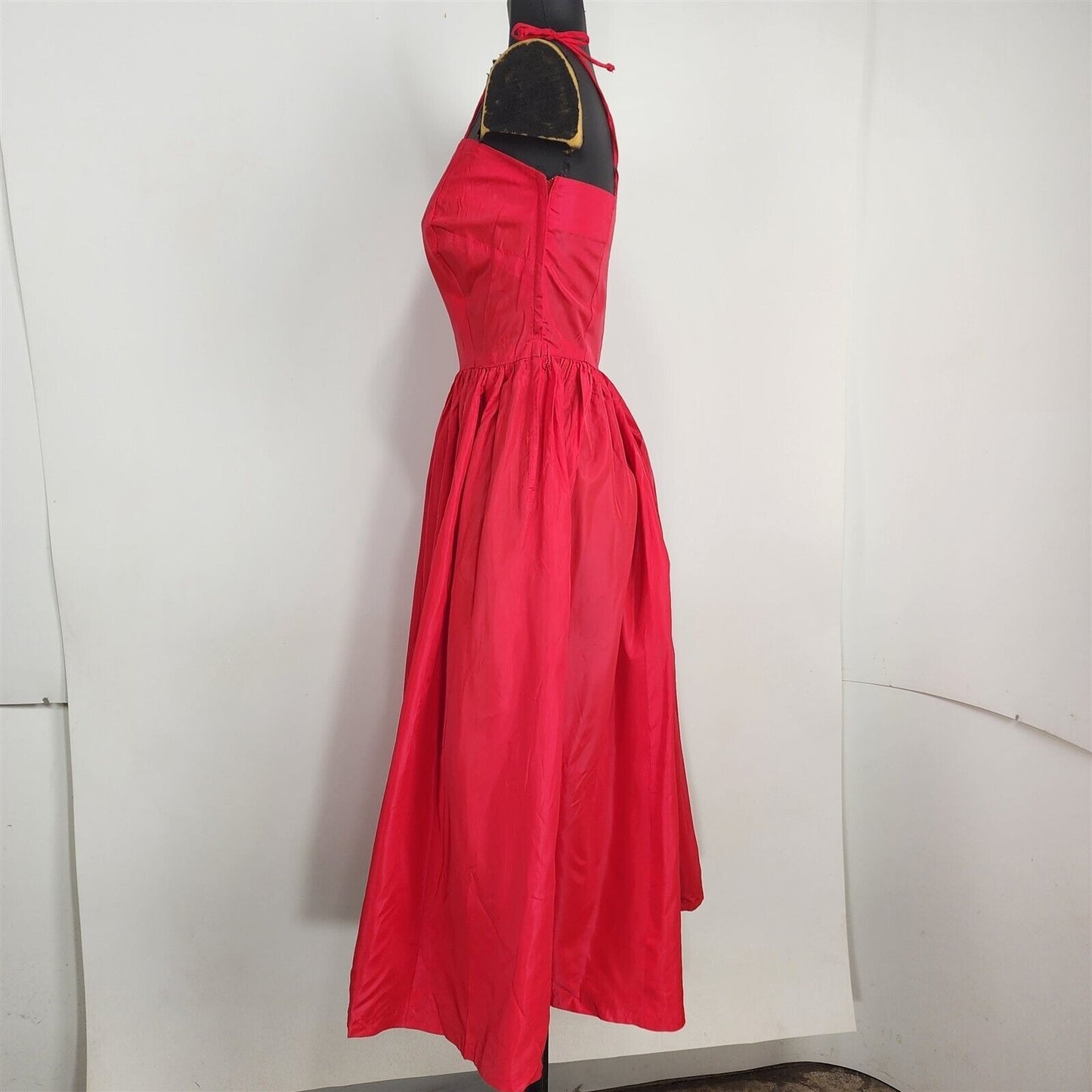 Vintage Red Taffeta Evening Gown Tie Strap Formal Dress