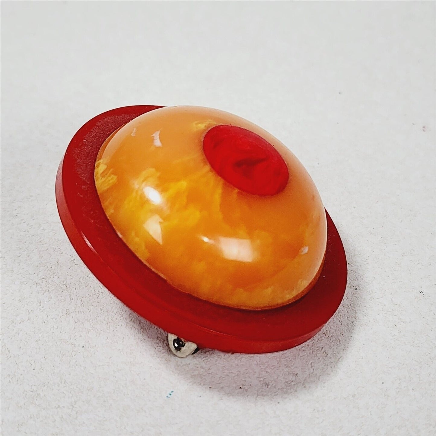 Vintage Red Yellow Dome Dot Layered Catalin Bakelite Swirl Round Circle Brooch