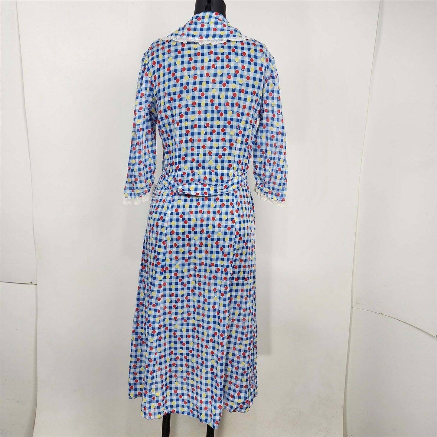 Vintage 1930s Organdy Polka Dot Blue Plaid Summer Day Dress