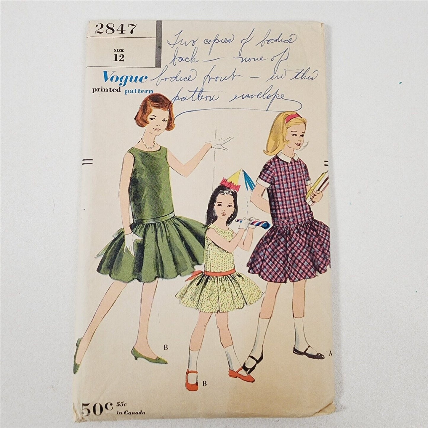 Vintage Vogue Sewing Pattern No. 2847 Girls Dress Size 12 - 1958