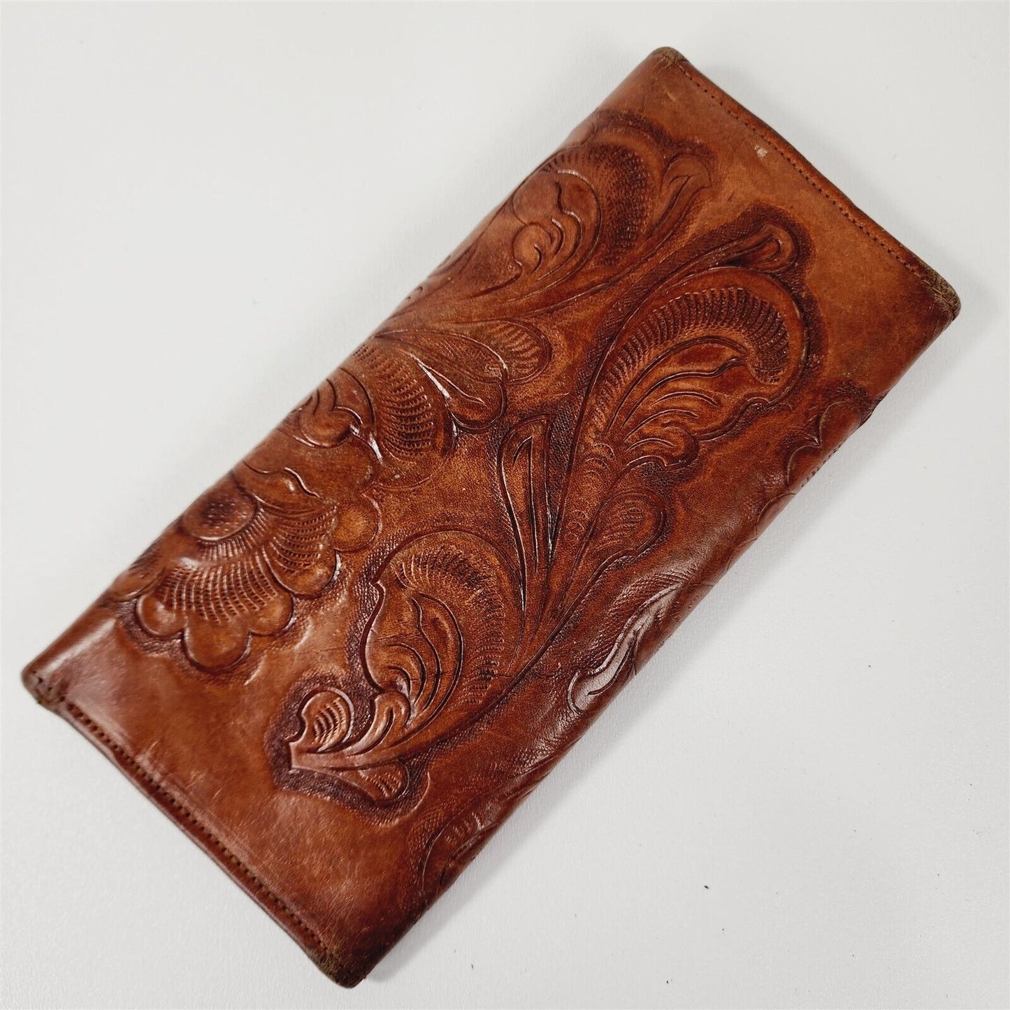 Vintage Tooled Leather Floral Tri-Fold Wallet