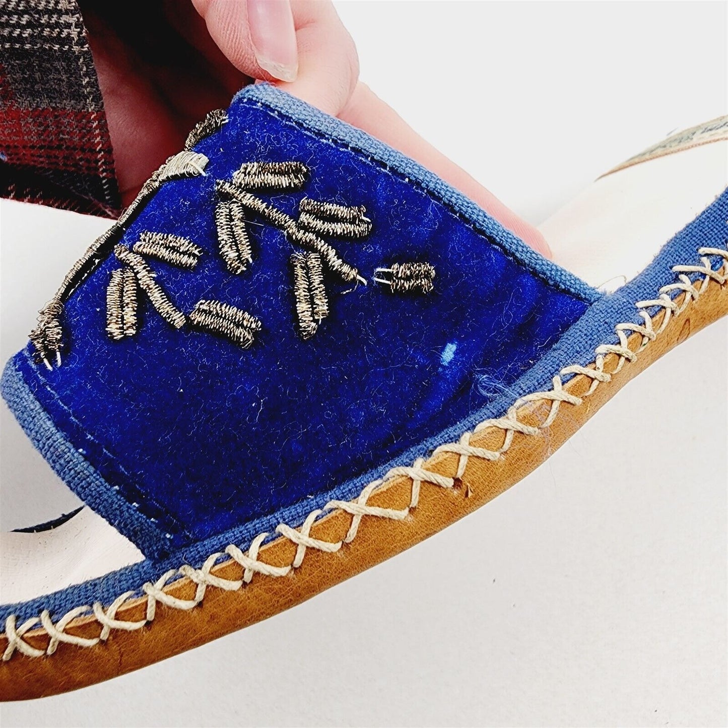 Vintage Turkish Ottoman Leather Silk Slippers Blue Velor Embroidered