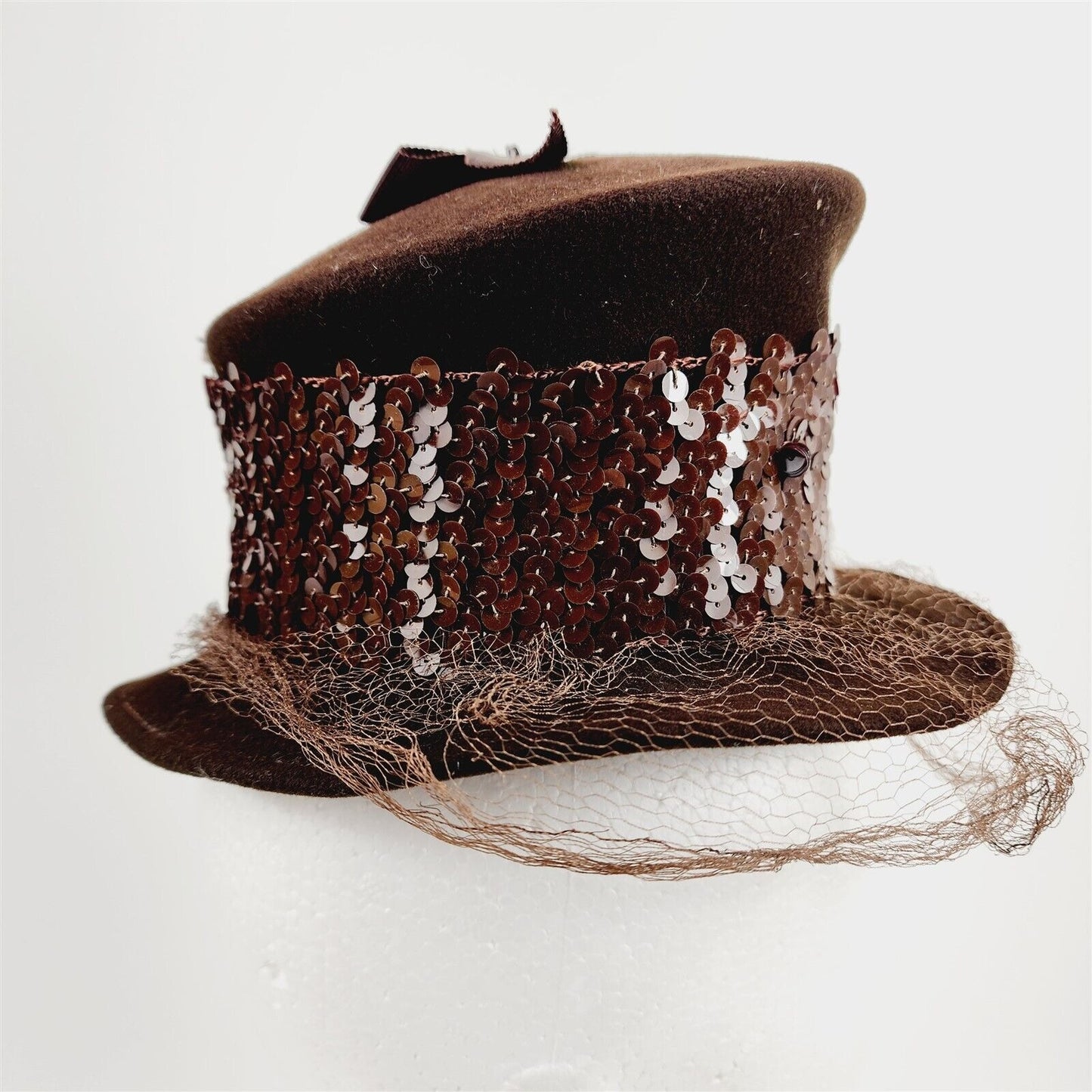 Vintage Olivier Womens Brown Wool Sequins Net Bow Hat w/ Bon Marche Box