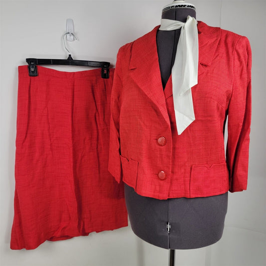 Vintage 1960s Nelly Don Red 2 Piece Skirt Suit Jacket Blazer Set Womens M