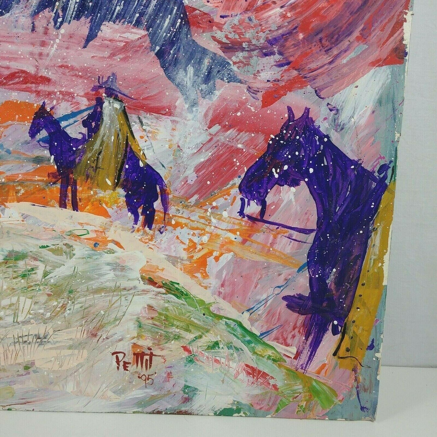 Men on Horses Snow Storm Original Art by Bruce Pettit 1995 Mixed Media Paint