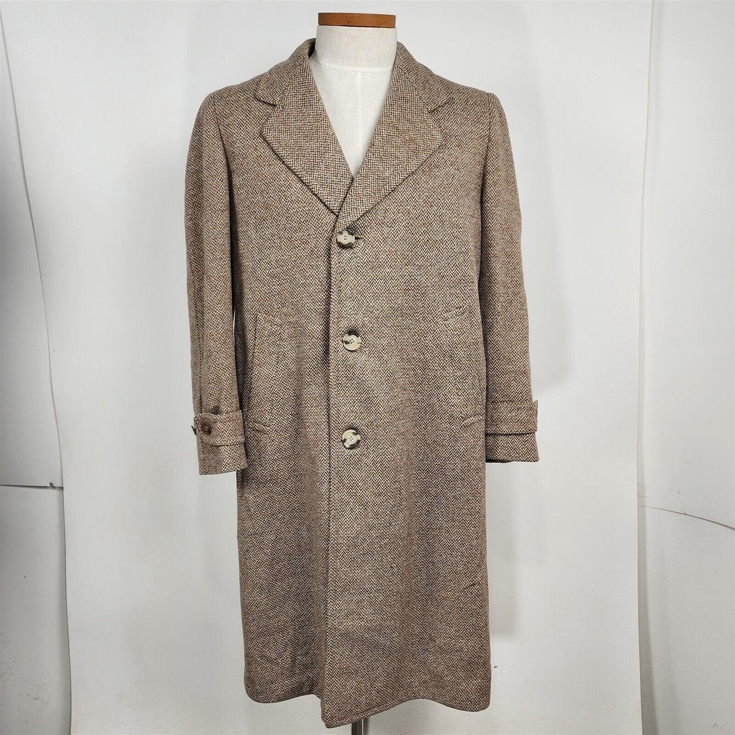 Vintage Knit-tex Penn Traffic Long Brown Beige Wool Overcoat Coat Mens Size 42