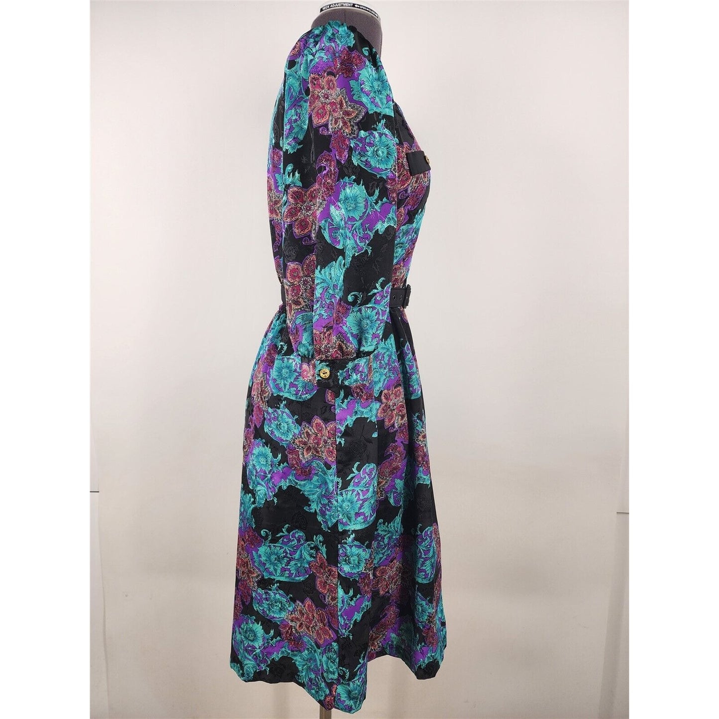 Vintage Breli Originals Blue Purple Black Floral 3/4 Sleeve Dress Size 8