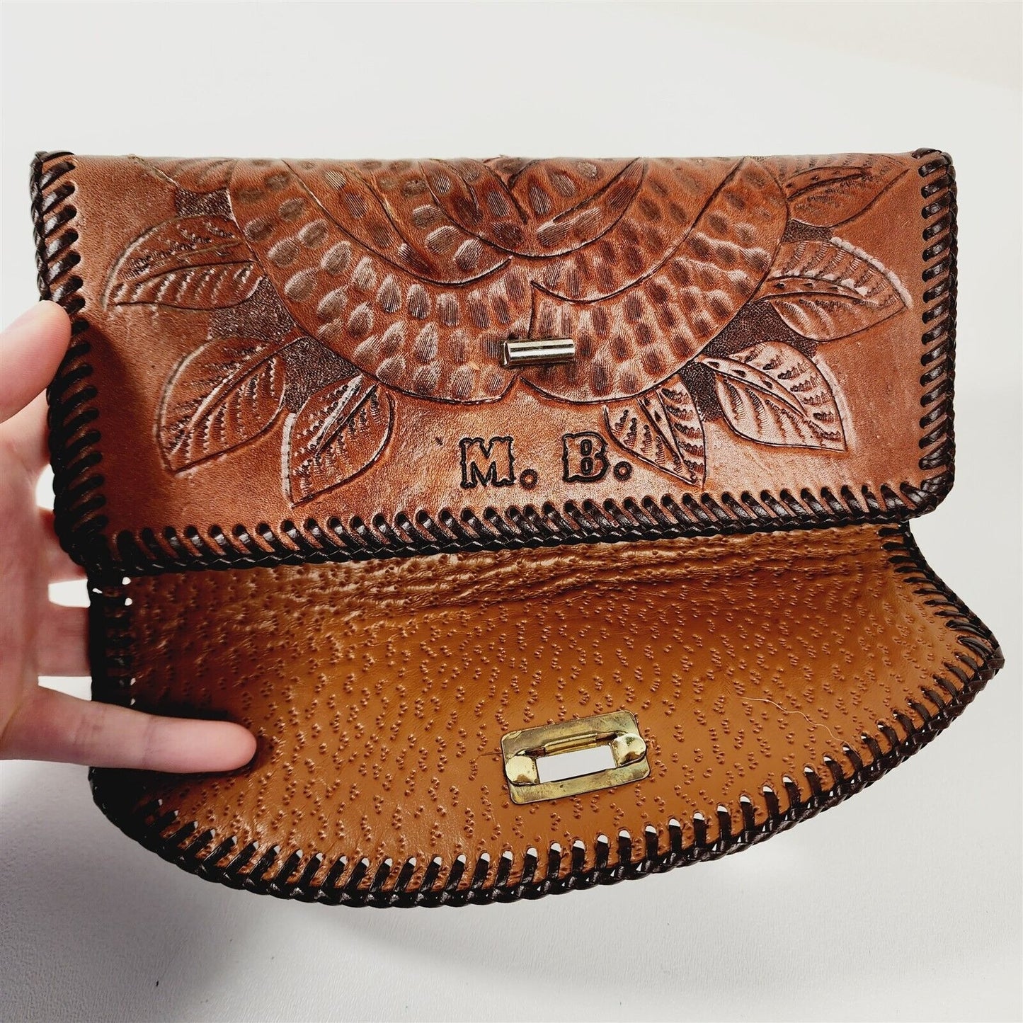 Vintage Tooled Leather Floral Laced Edge Tri-Fold Wallet - Initials M. B.