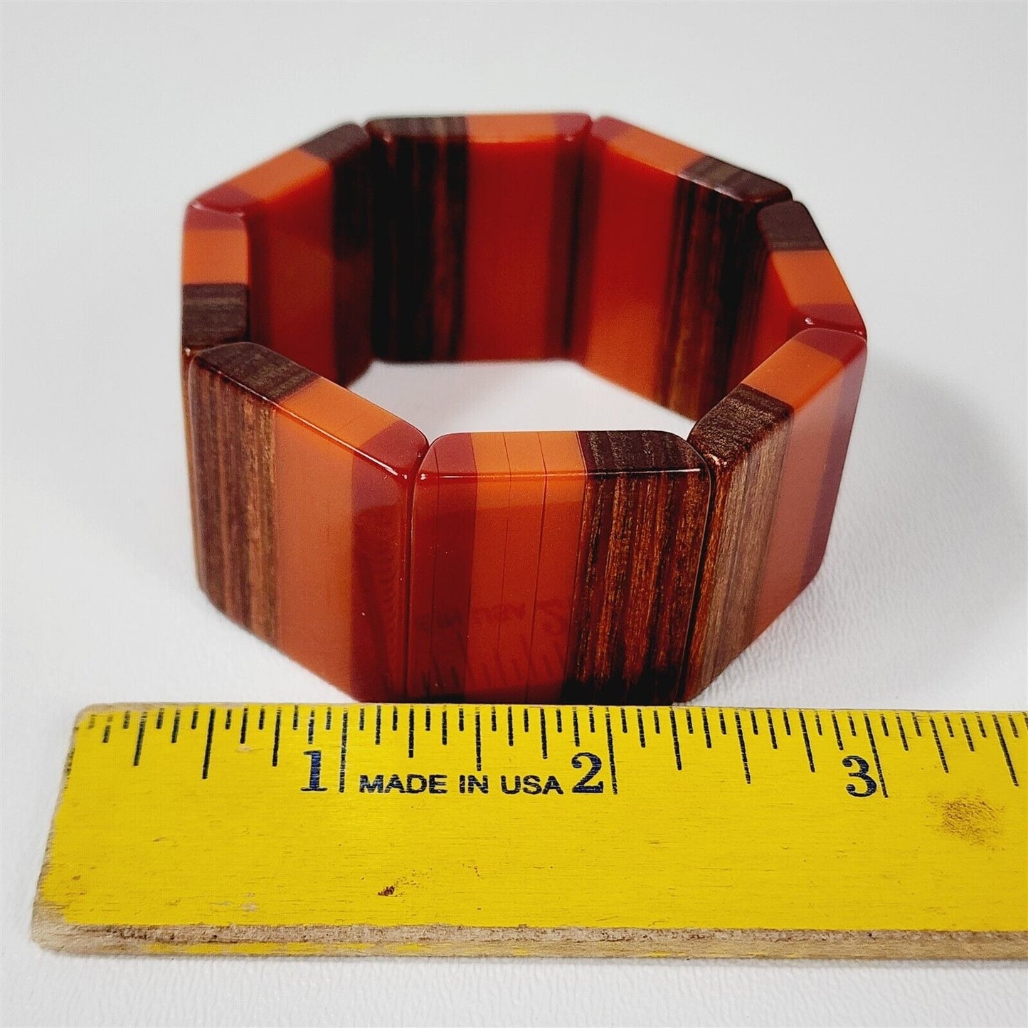 Vintage Red Orange & Wood Tone Lucite Stretch Bracelet