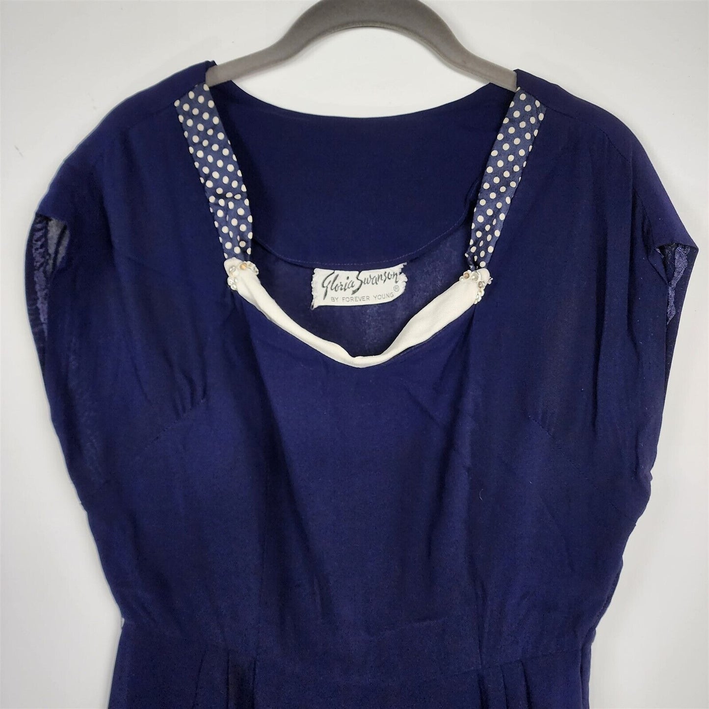 Vintage Gloria Swanson Forever Young Navy Blue w/ White & Polka Dot Trim Dress