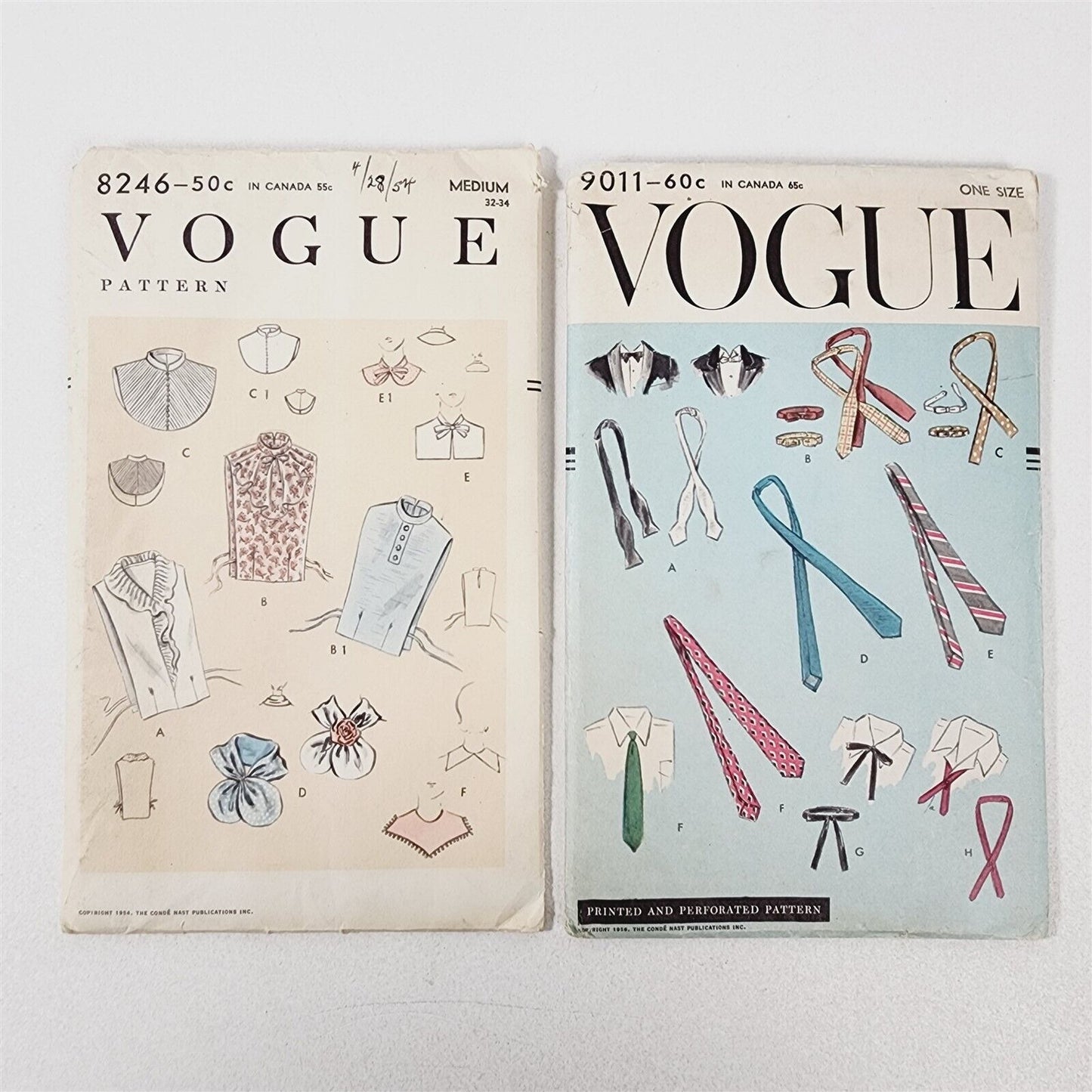 2 Vintage Vogue Sewing Patterns No. 9011 & 8246 Dickeys Collars Neckties Bowties