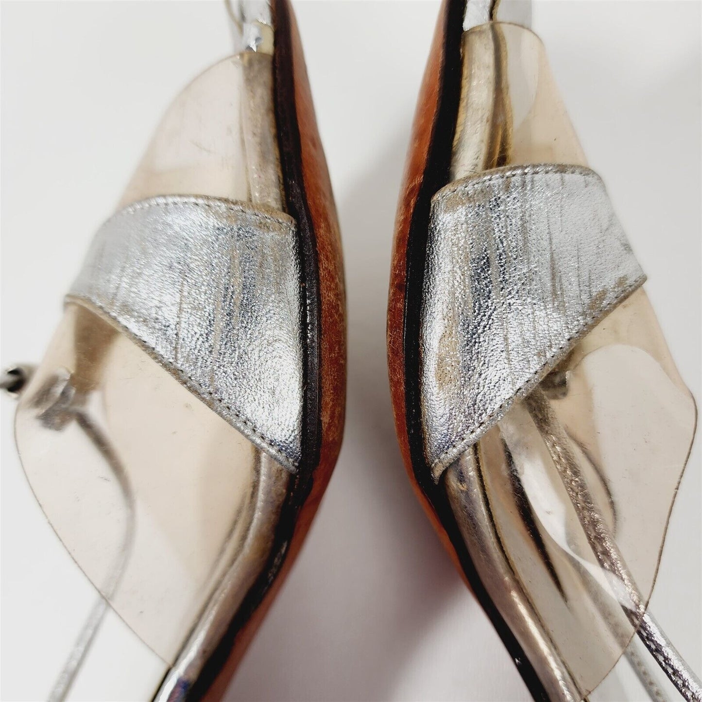 Vintage Amano Silver Metallic Clear Strappy Block Heels Pumps Size 7.5