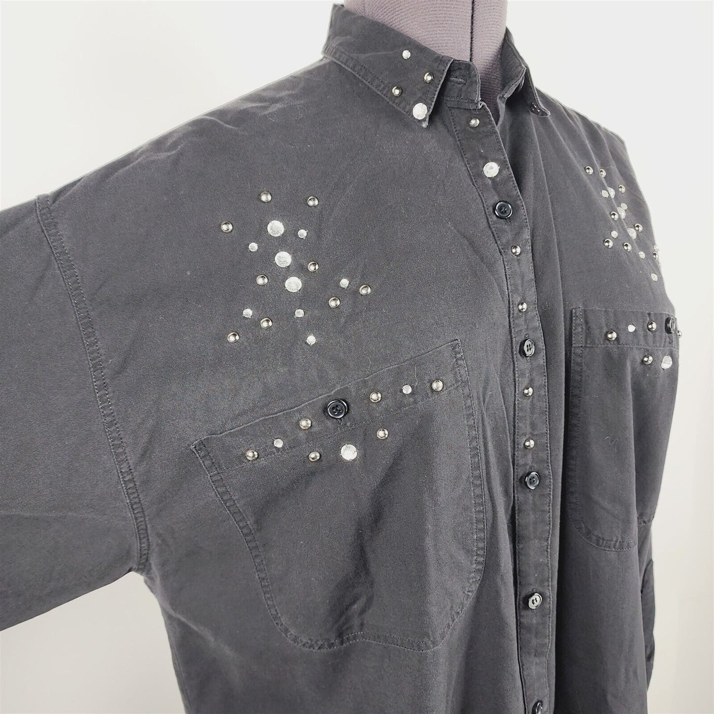 Vintage J Jordan Black Long Sleeve Bling Rhinestone Button Up Blouse Womens M