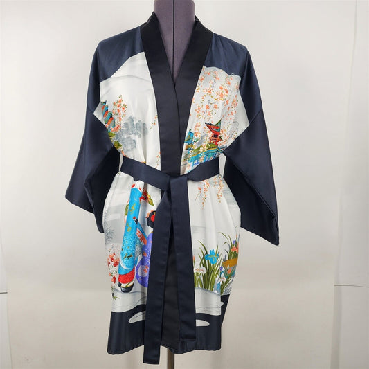 Vintage Ichiban Kimono Robe Novelty Print Japanese Asian