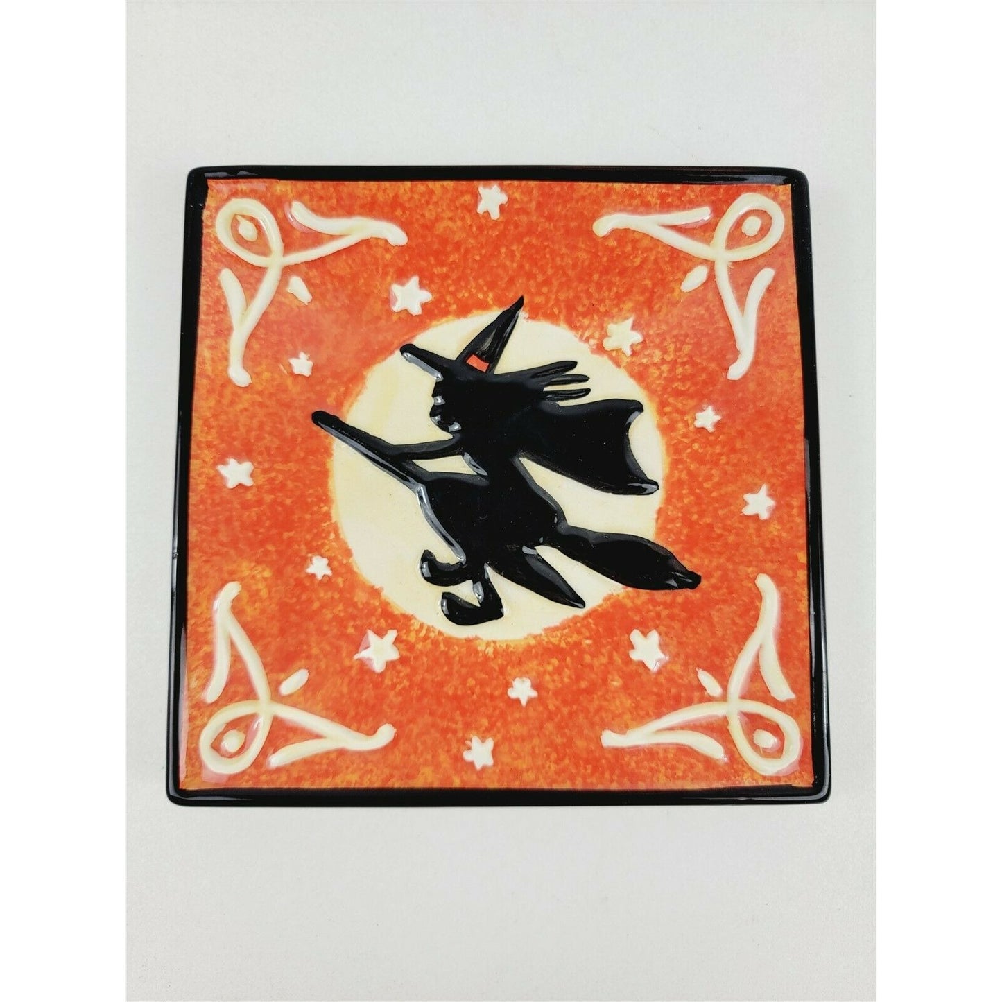 2 Vintage Handpainted Halloween Square Plates Black Cat Witch Riding Broom 6"