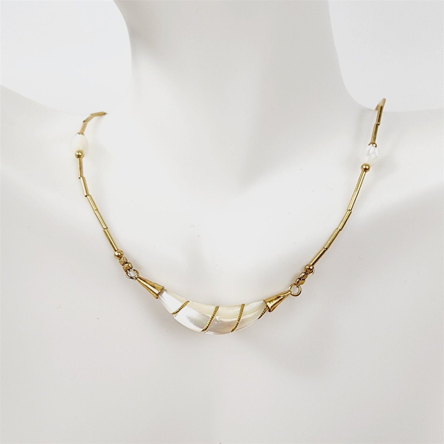 Vintage Gold Tone Tube Bead Mother of Pearl Minimalist Necklace - 17"