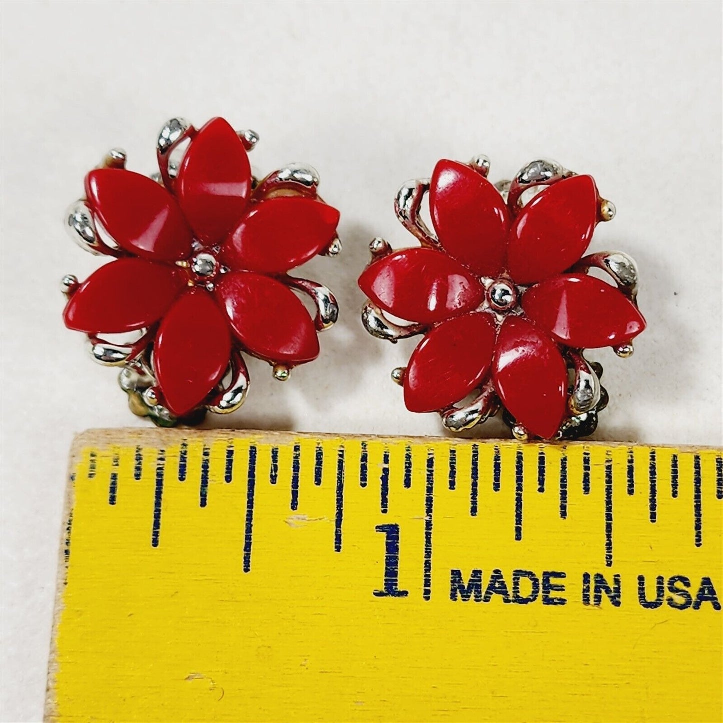 Vintage Red Flower Plastic Bakelite Clip On Silver Tone Earrings