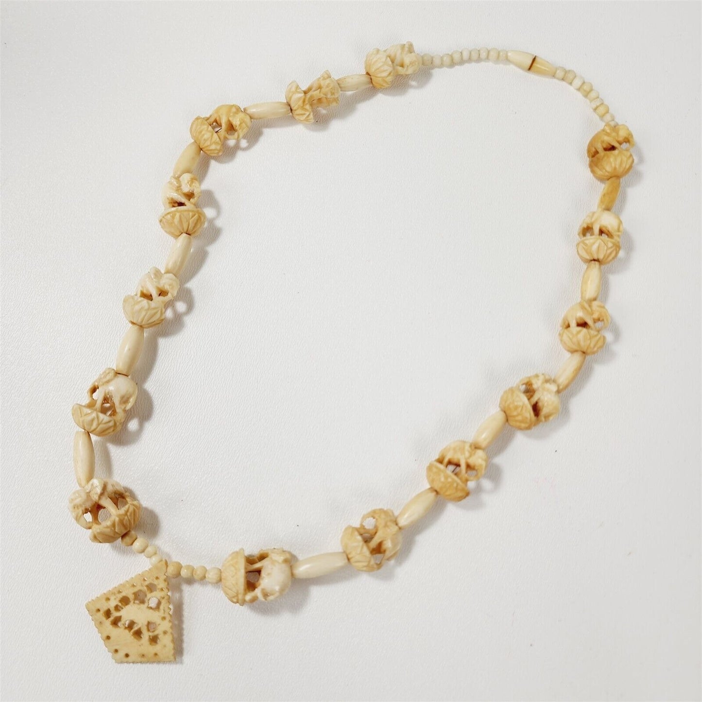 Vintage Asian Elephant Carved Cow Bone Beaded Pendant Necklace