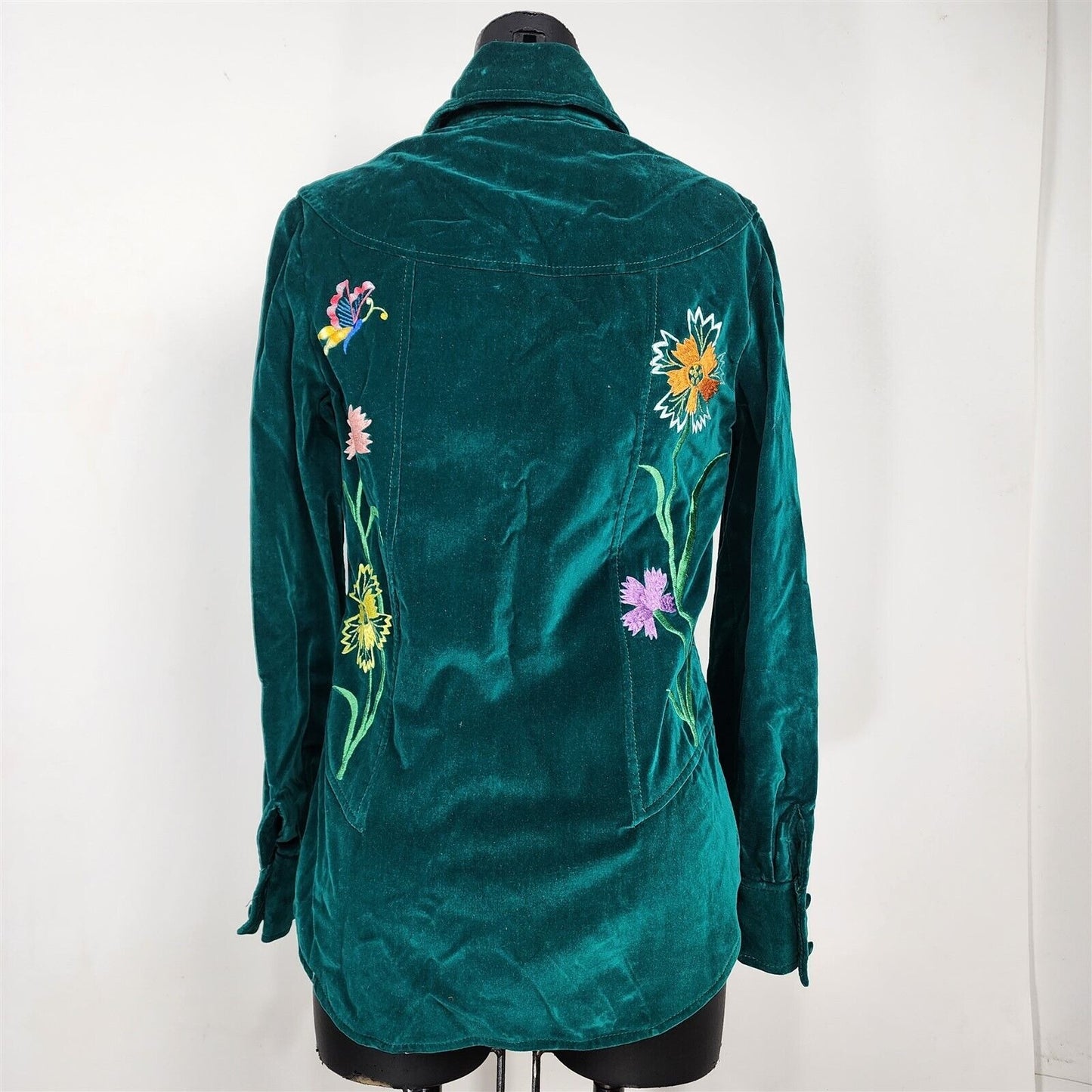 Vintage Di Costa Green Embroidered Button Front Velvet Top Blouse