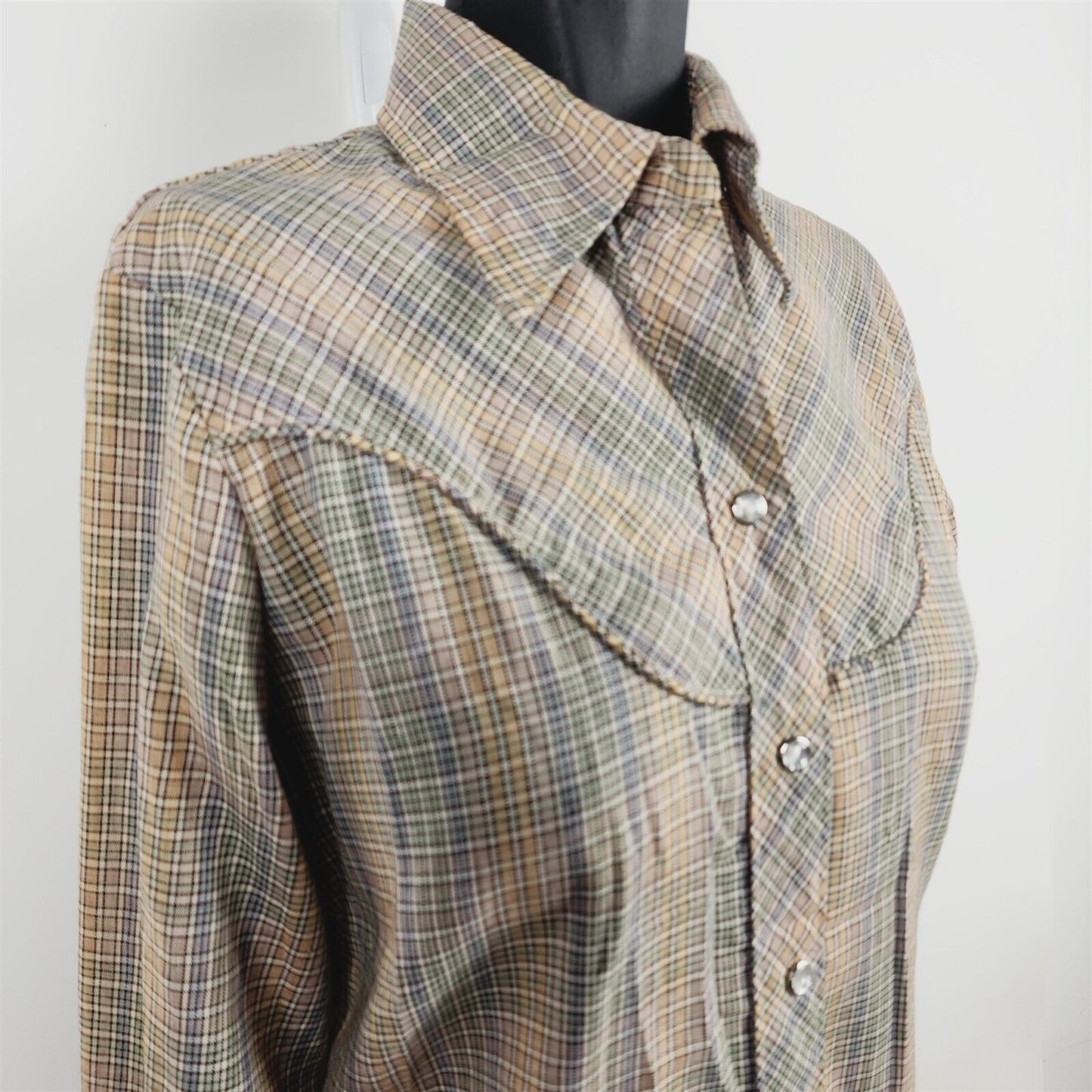 Vintage Wrangler Pastel Plaid Western Shirt Pearl Snaps Womens Size 34