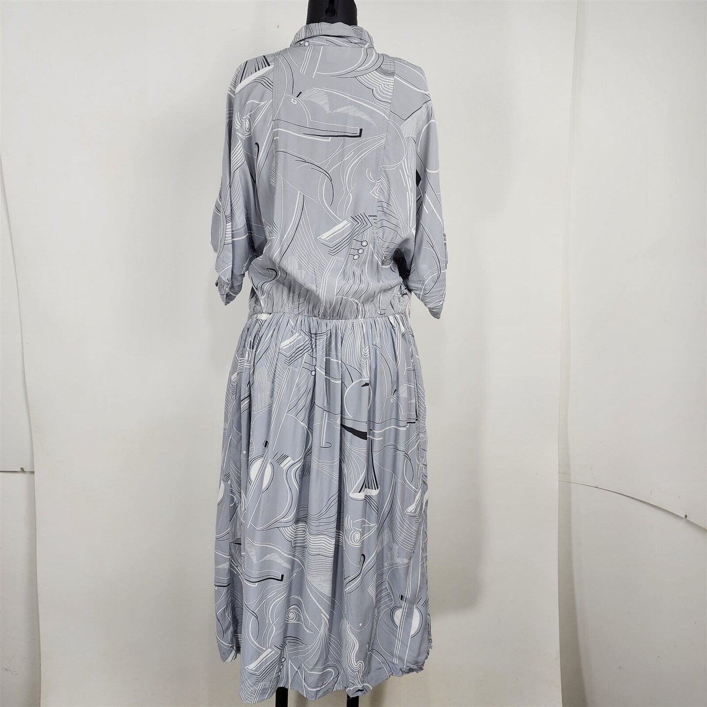 Vintage 1980s ED Michaels Gray Abstract Print Drop Waist Midi Dress Womens