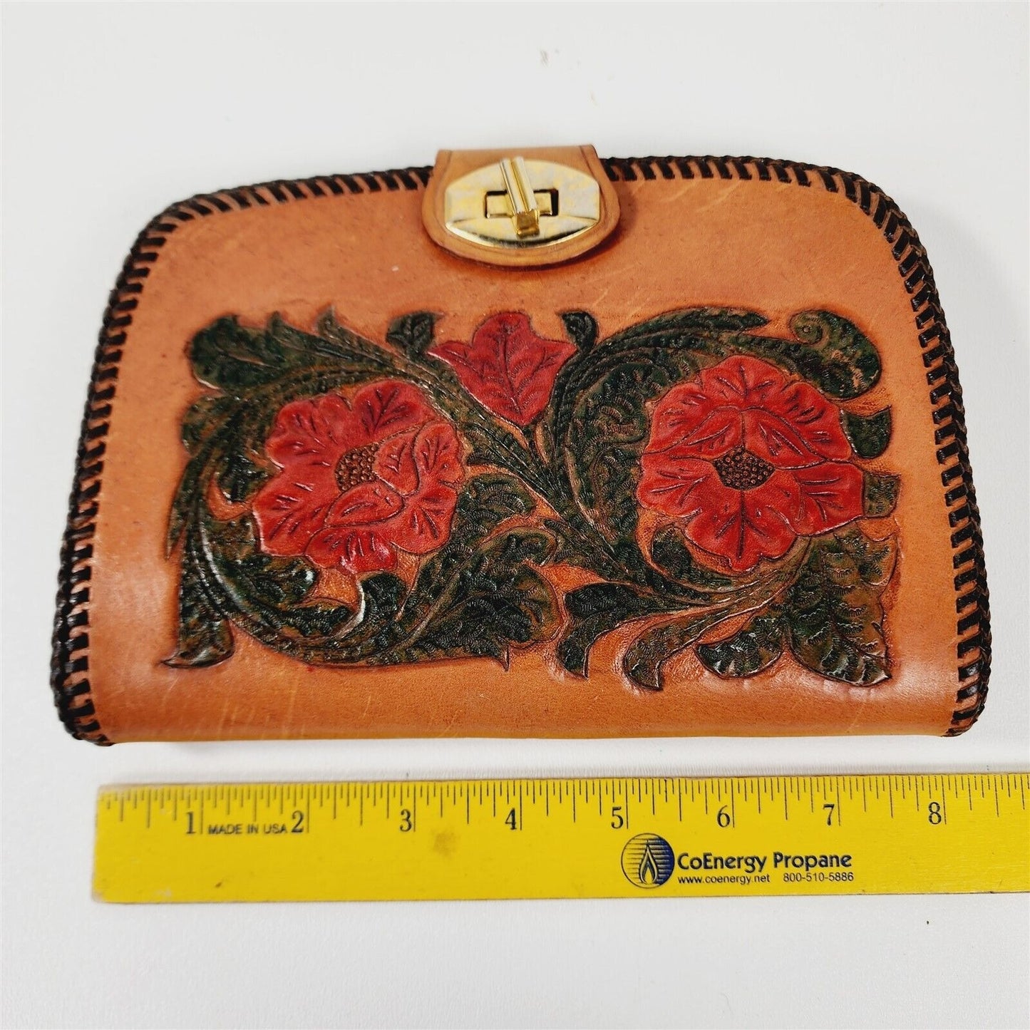 Vintage Tooled Leather Floral Laced Edge Clutch Purse Red Roses