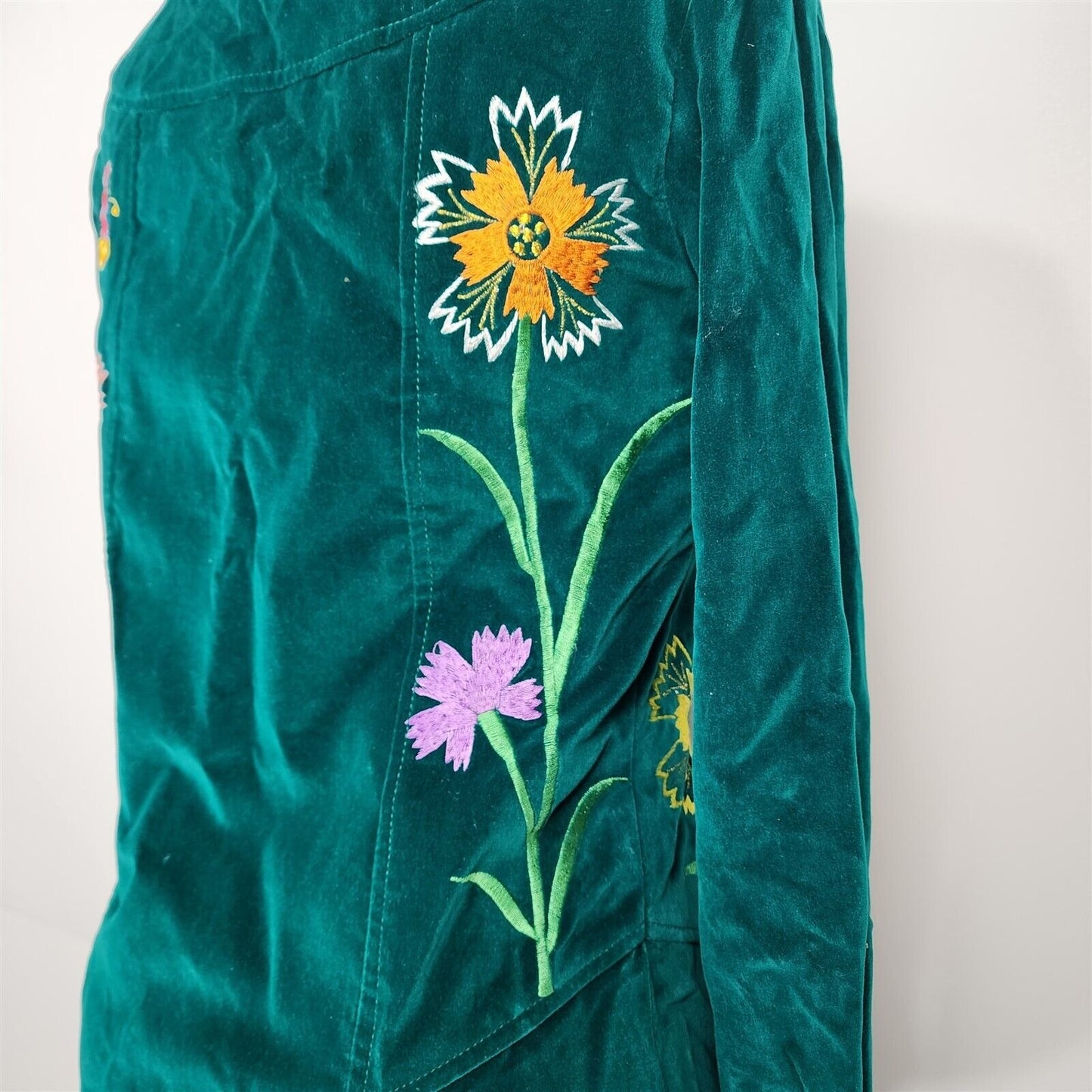 Vintage Di Costa Green Embroidered Button Front Velvet Top Blouse