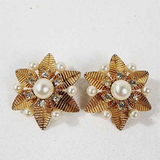 Vintage Marvella Signed Gold Tone Rhinestone Faux Pearl Clip On Earrings