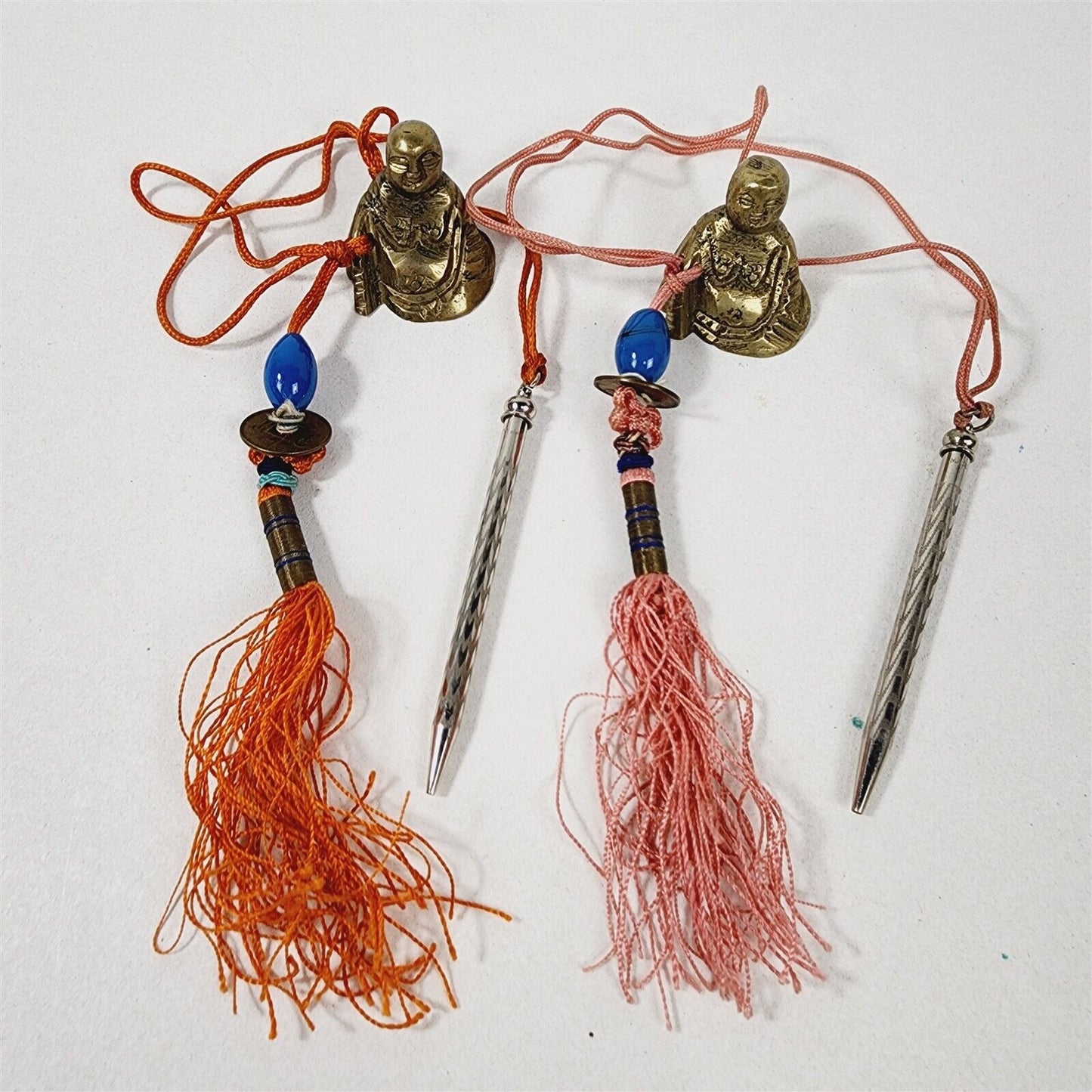 2 Vintage Buddha Brass w/ Adjustable Pencils Charm Beads Coin Tassels - 3" long