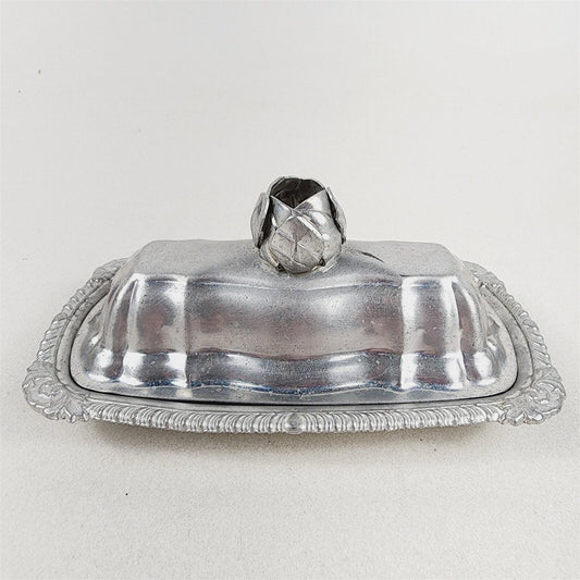 Vintage Aluminum Covered Butter Dish Rose Flower Glass Insert Tray