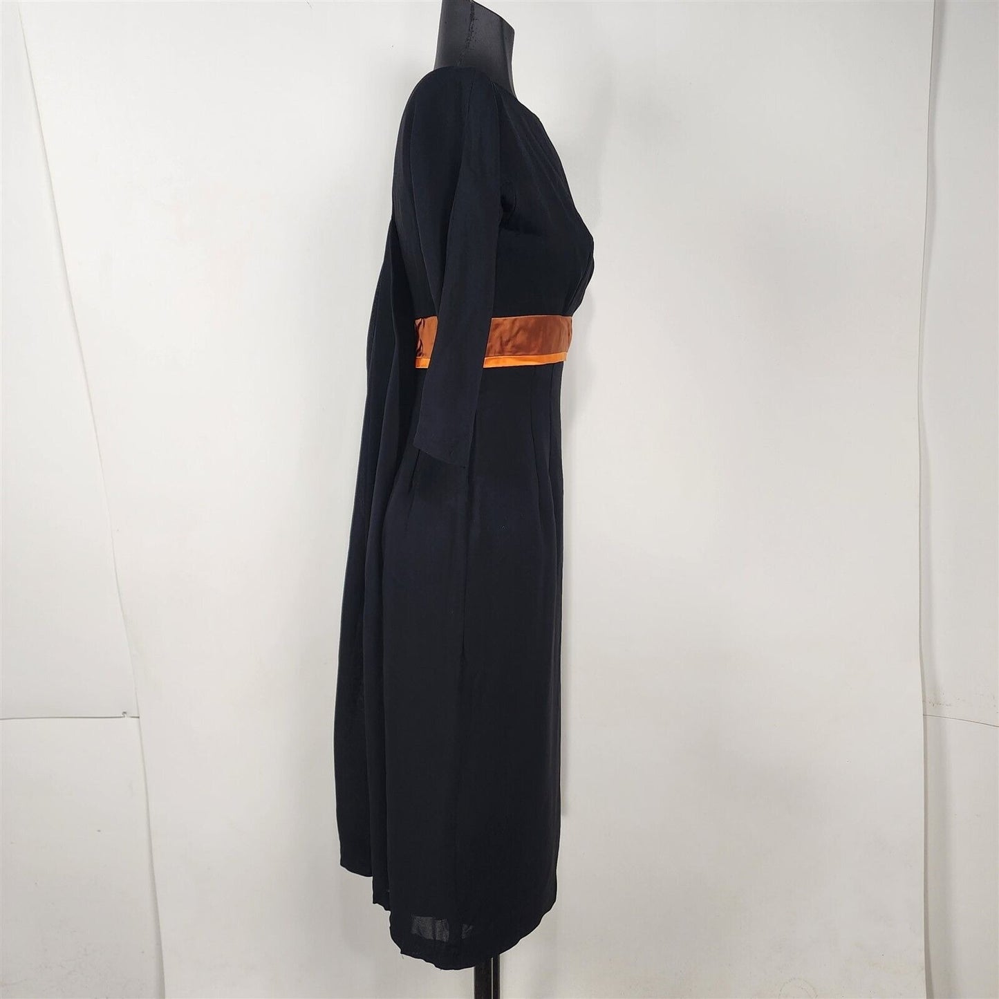 Vintage 1960s Black Crepe 3/4 Sleeve Dress with Orange Accent