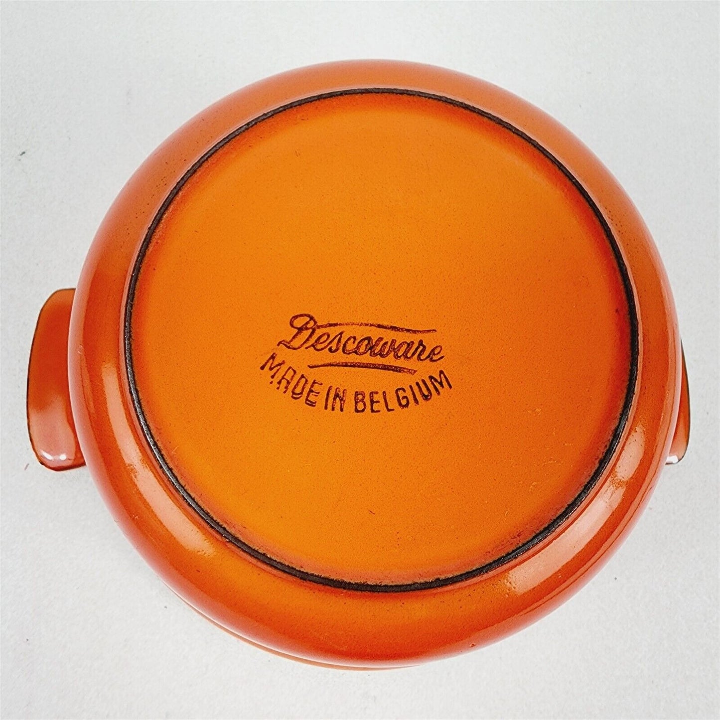 Vintage Descoware Cast Iron Enamel Orange Flame Small Pan w/ Lid Belgium 6 1/2"