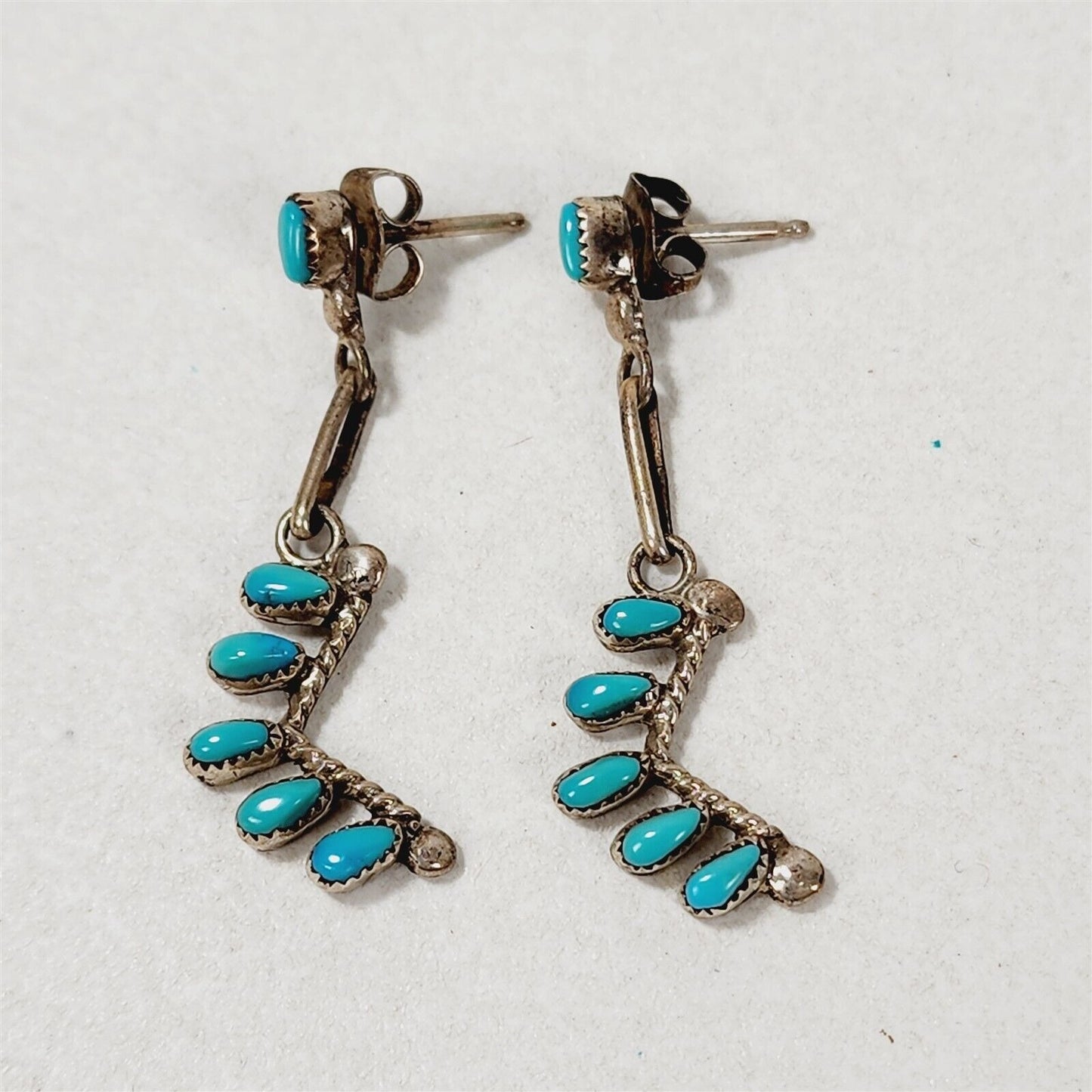 Vintage Native American Zuni Sterling Silver Turquoise Post Dangle Earrings