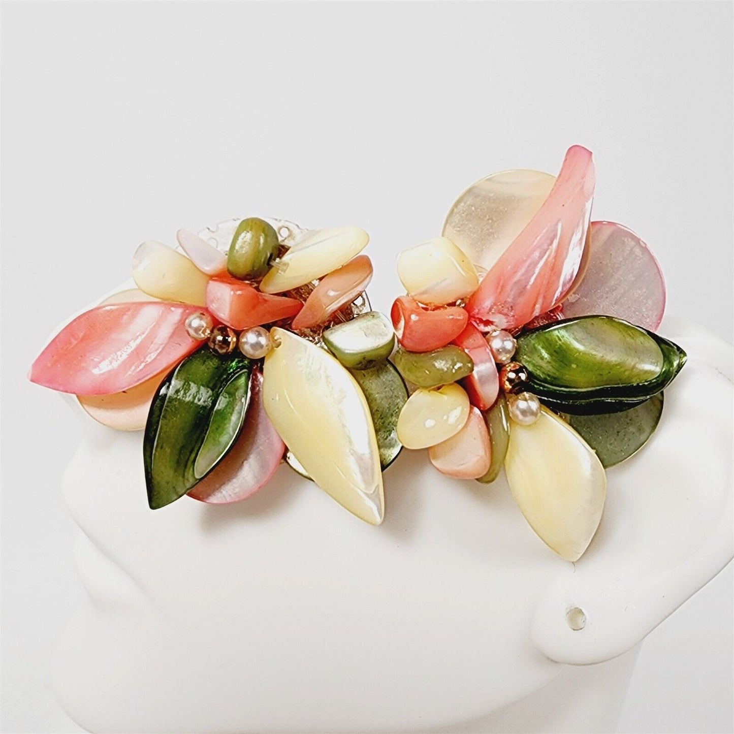 Vintage Mother of Pearl Pink Green Cream Shell Cluster Necklace Bracelet Earrings