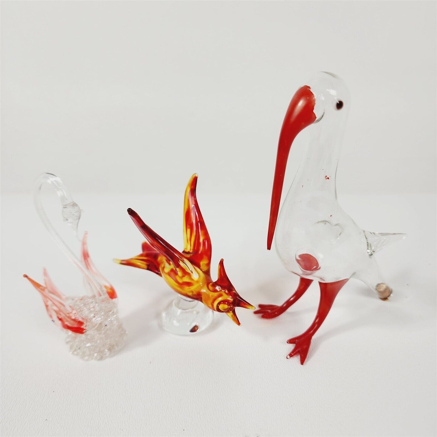 3 Vintage Glass Handmade Hand Blown Birds Clear Red - 2.5-4.5" tall