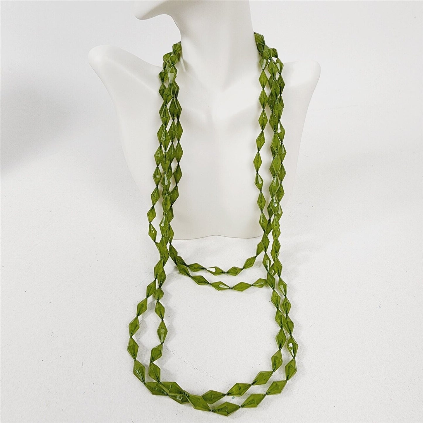 Vintage Double Layer Faceted Green Lucite Bead Flapper Necklace 45"