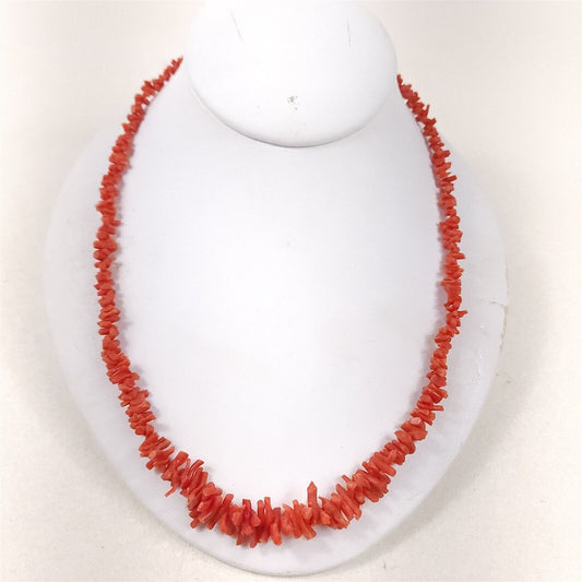 Vintage Red Orange Coral Heishi Beaded Necklace Sterling Cone Clasp 19"