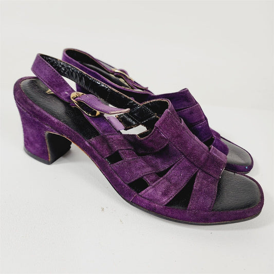 Vintage Joyce California Purple Leather Sandals Strappy Block Heels Size 6.5