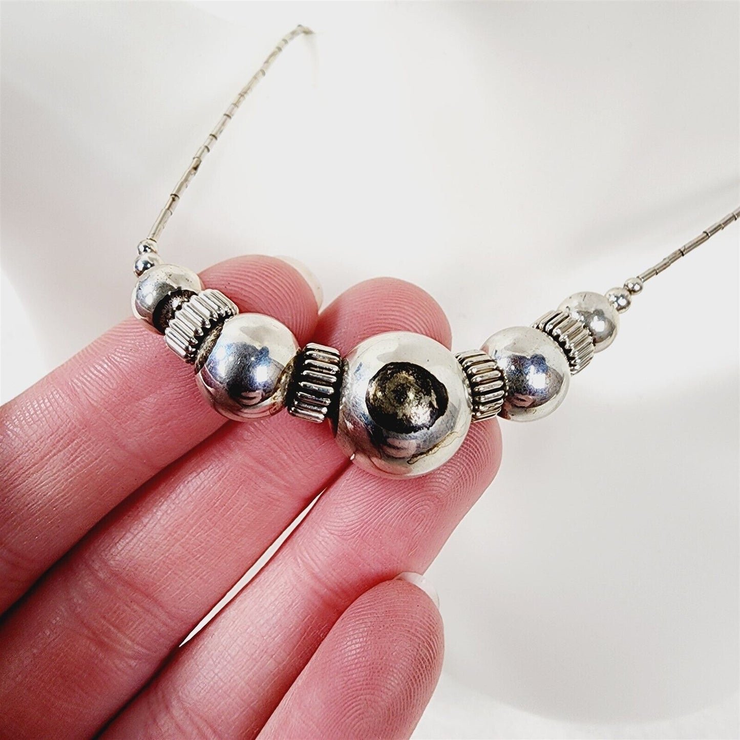 Vintage Sterling Silver Tube Bead Ball Minimalist Modernist Necklace - 16"