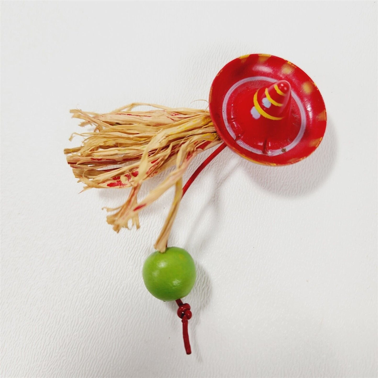 Vintage Red Plastic Sombrero Hat Straw Green Dangle Bead Brooch Pin