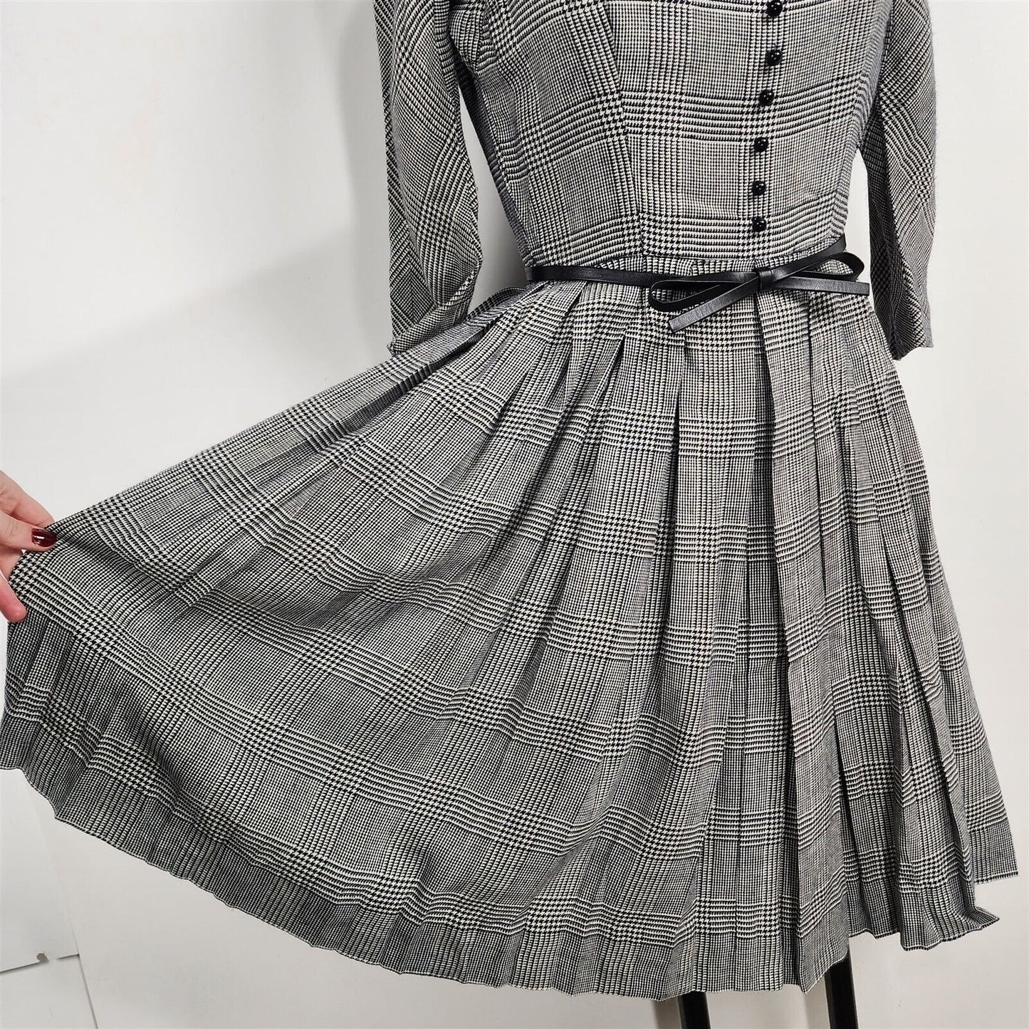 Vintage 1950s L'aiglon Black & White Houndstooth Plaid Dress - 22" Waist