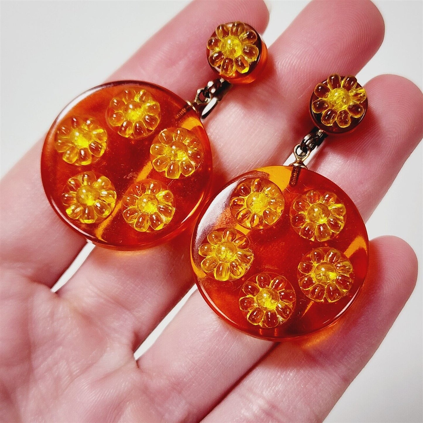 Vintage Orange & Yellow Flower Power Dangle Lucite Clip On Earrings