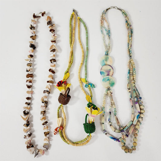 3 Vintage Shell Bone Wood Beaded Retro Colorful Necklaces