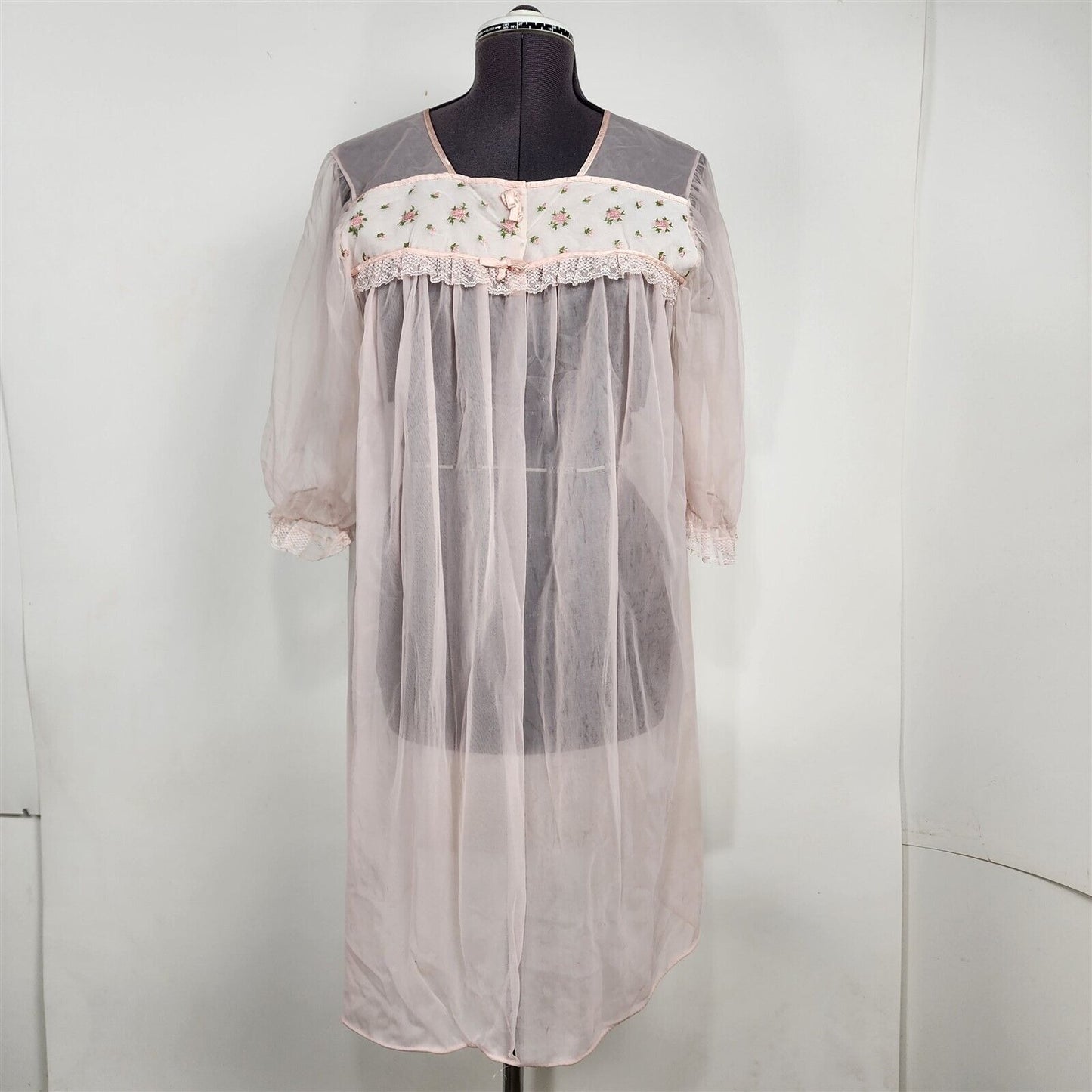 Vintage Beeline Light Pink Sheer Floral Peignoir Chiffon Pinup Nylon Robe