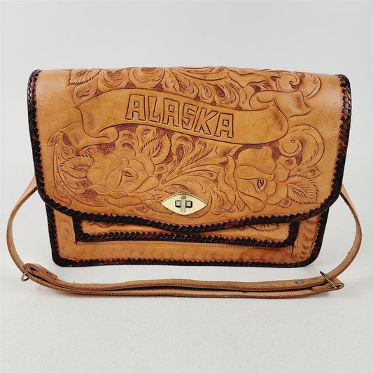 Vintage Hand Tooled Floral Leather Handbag Shoulder Bag Alaska Bighorn Sheep